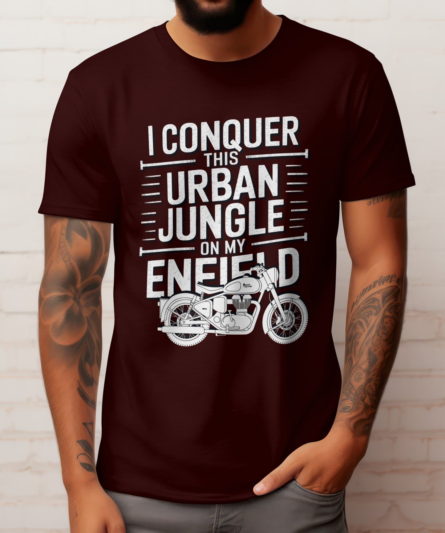 Biker T-Shirt Round Neck Half Sleeve (I conquer this urban jungle on my enfield)