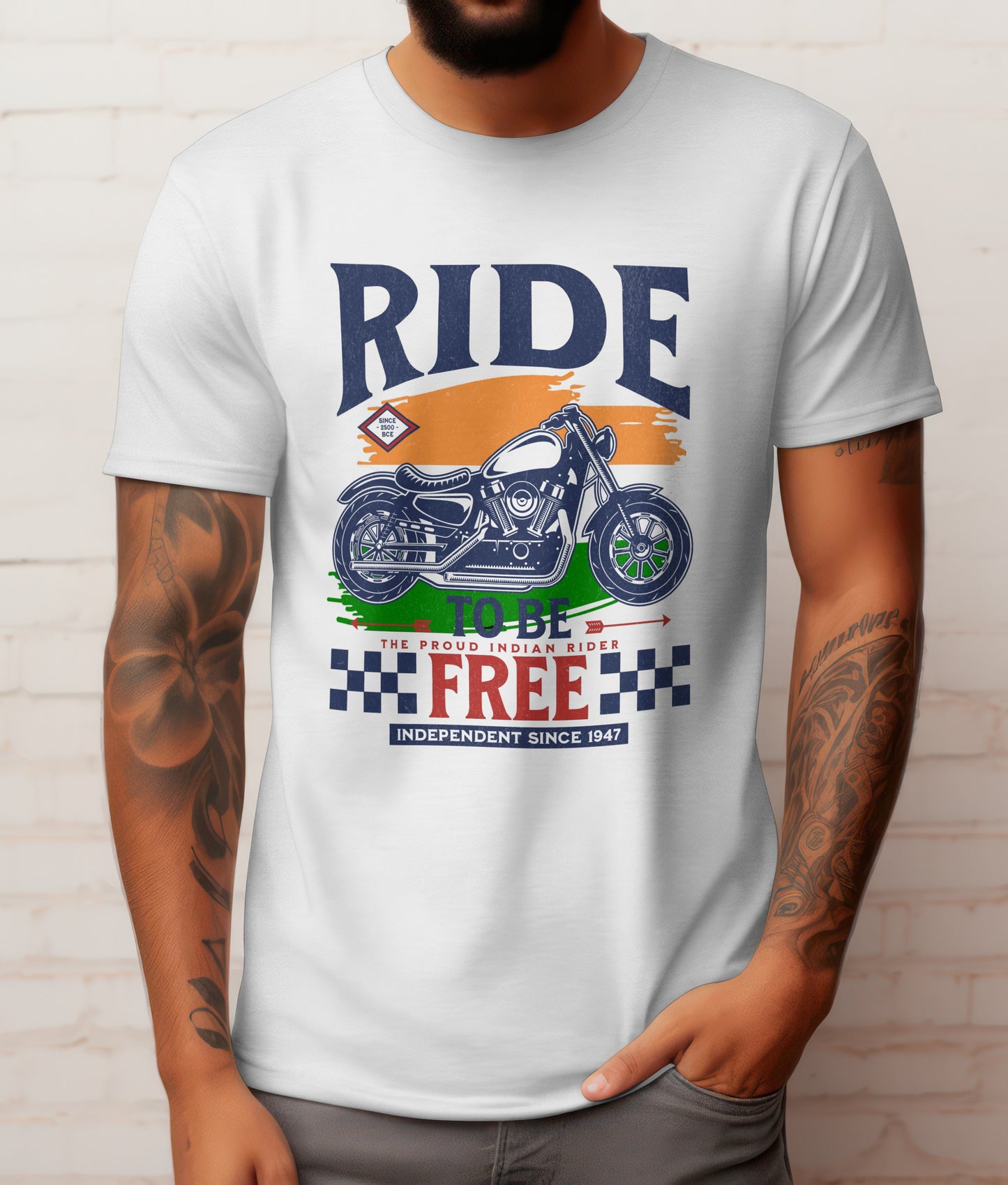 Biker T-Shirt Round Neck Half Sleeve (Ride To be Free, Independent Since 1947)