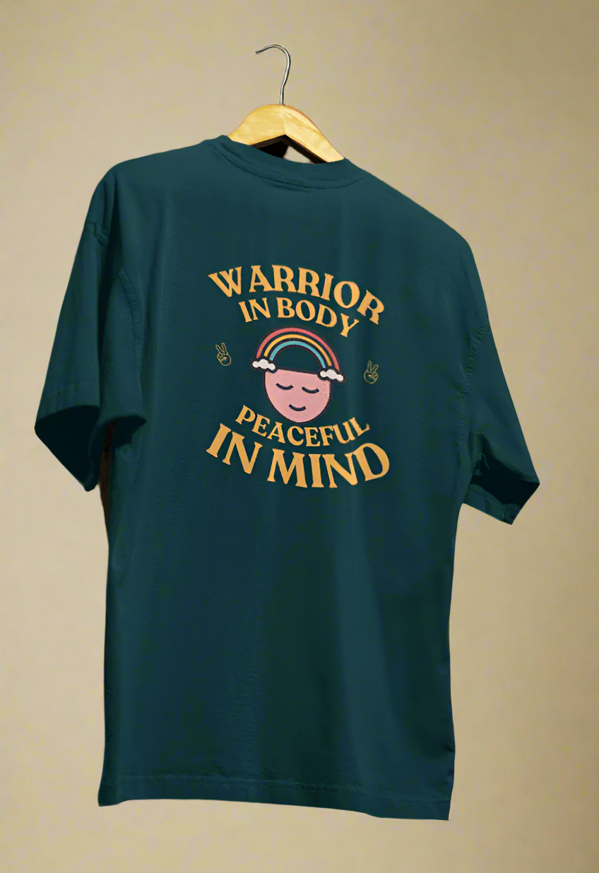 Round Neck Men Oversized T-Shirt Half Sleeve (Warrior in Body, Peaceful in Mind)
