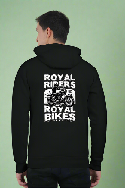 Unisex Heavyweight Zip Bikers Hoodie Back Side Print Black (Royal Riders Ride Royal Bikes)