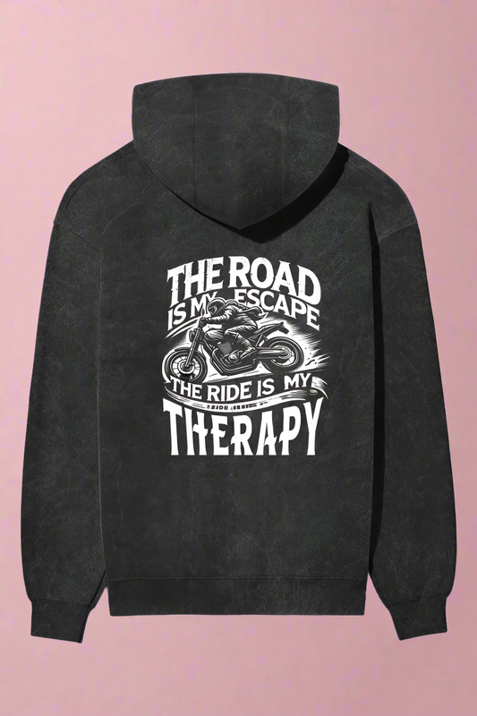 Unisex Full Sleeve Acid Wash Bikers Hoodie - Back Side Print (The Road is my Escape)