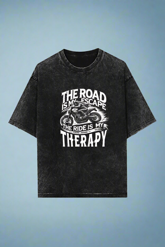 Round Neck Half Sleeve Acid Wash Oversized Biker T-Shirt (The Road is my escape)