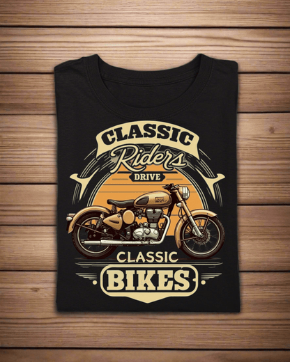 Round Neck Half Sleeve Biker T-Shirt (Classic Riders Drive Classic Bikes)