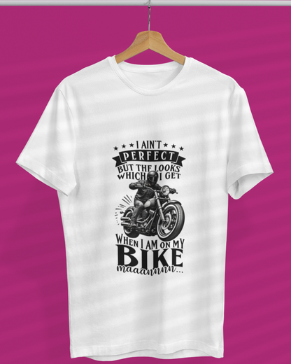 Round Neck Half Sleeve Biker T-Shirt White (I Ain't Perfect but the Looks)