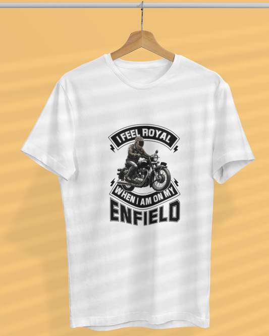 Round Neck Half Sleeve Biker T-shirt White (I feel Royal on my Enfield)