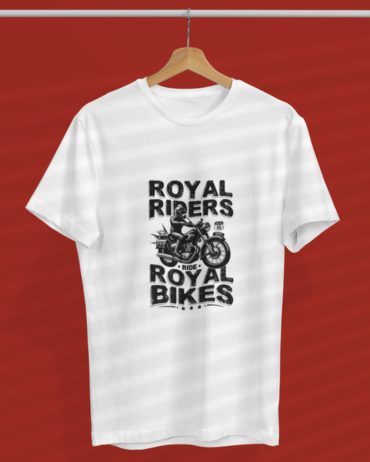 Round Neck Half Sleeve Biker T-Shirt White (Royal Riders Ride Royal Bikes)