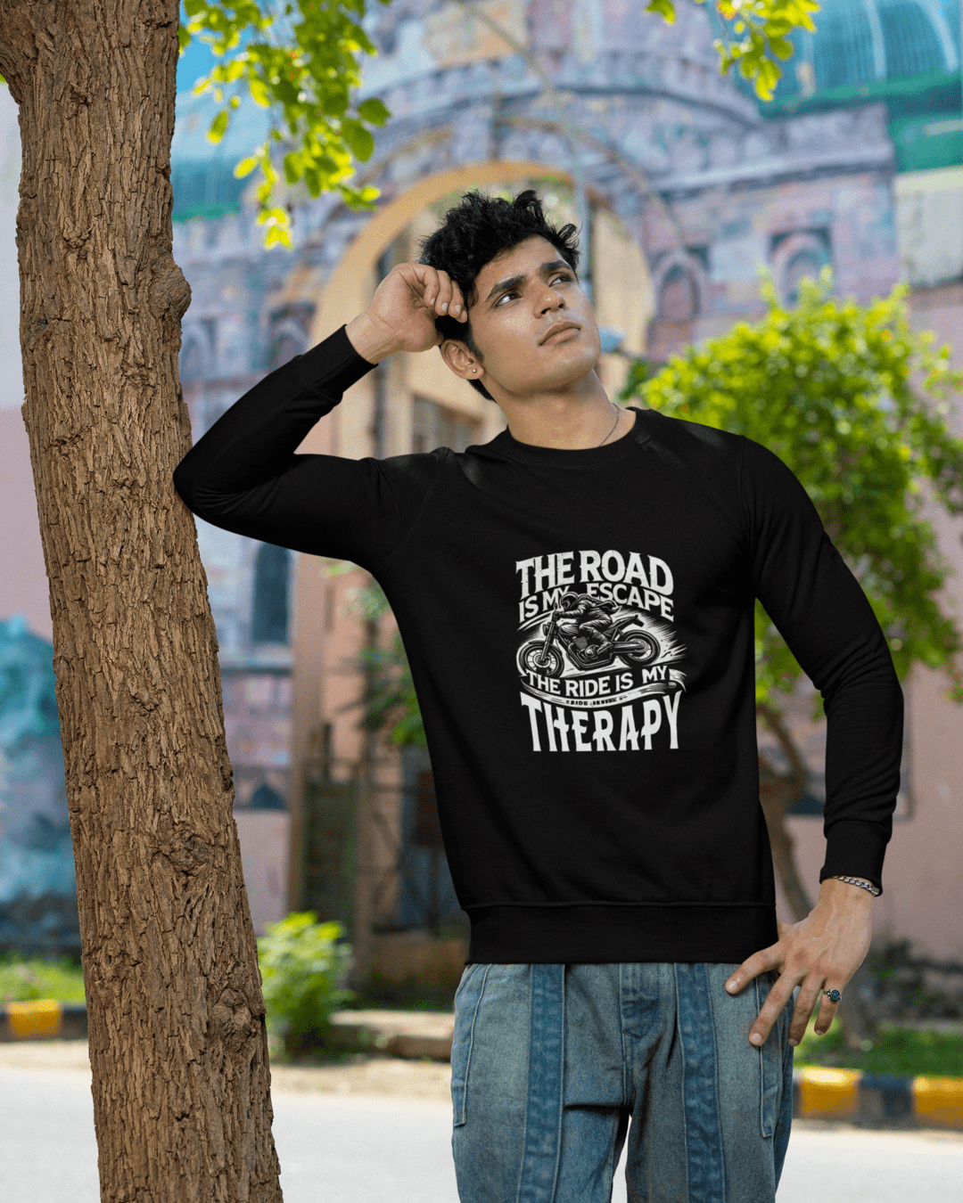 Round Neck Full Sleeve Biker Sweatshirt (The Road is My Escape)