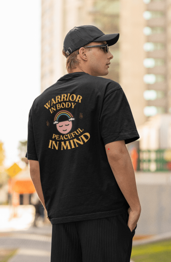 Round Neck Men Oversized T-Shirt Half Sleeve (Warrior in Body, Peaceful in Mind)