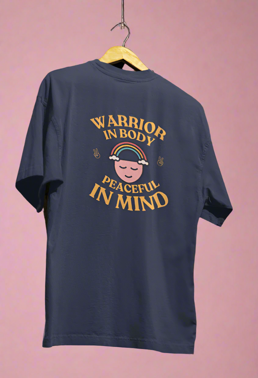 Round Neck Men Oversized T-Shirt Half Sleeve (Warrior in Body, Peaceful in Mind)