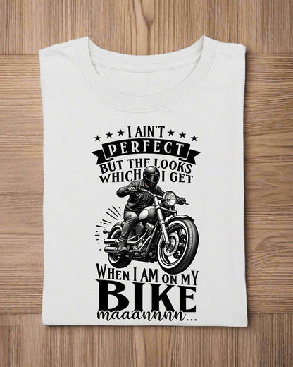 Round Neck Half Sleeve Biker T-Shirt White (I Ain't Perfect but the Looks)