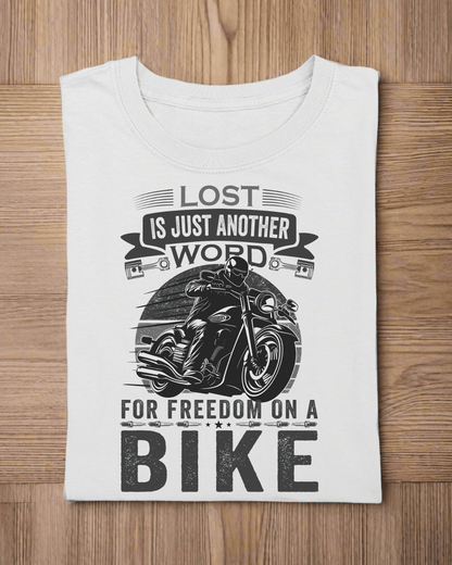 Round Neck Half Sleeve Biker T-Shirt White (Lost is just another word)