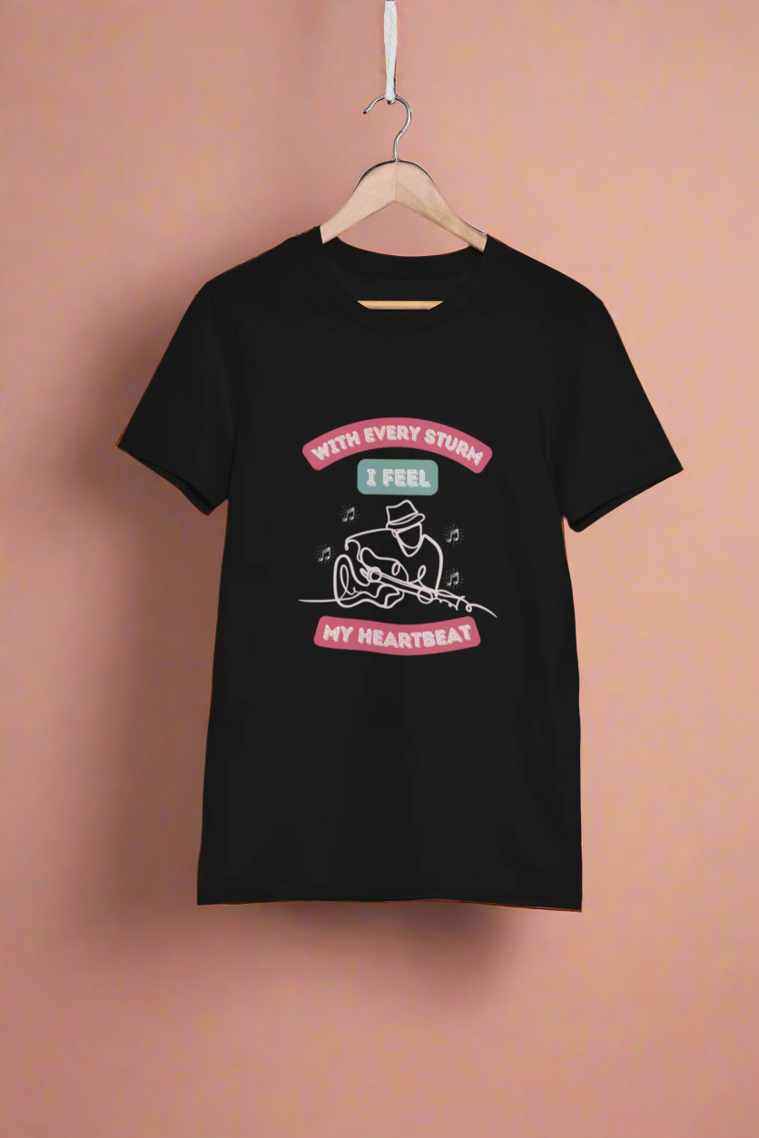 Round Neck Half Sleeve Music T-Shirt (With Every Strum I feel my heartbeat)