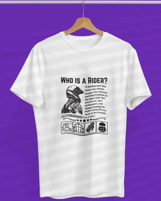 Round Neck Half Sleeve Biker T-Shirt White (Who is a Rider?)